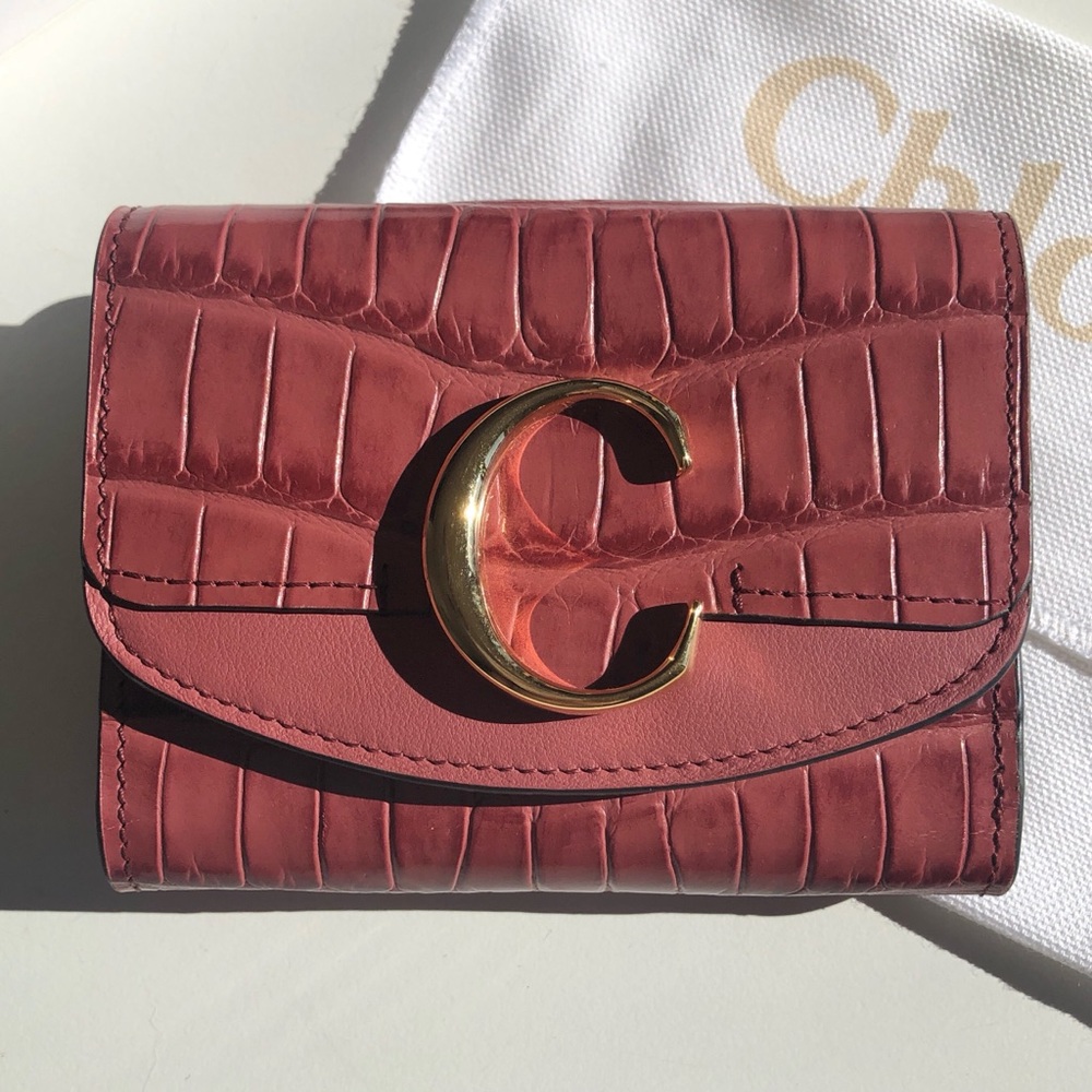 Authentic Chloe C Small Tri Fold Wallet Faded Rose Croc Embossed Leather Pink